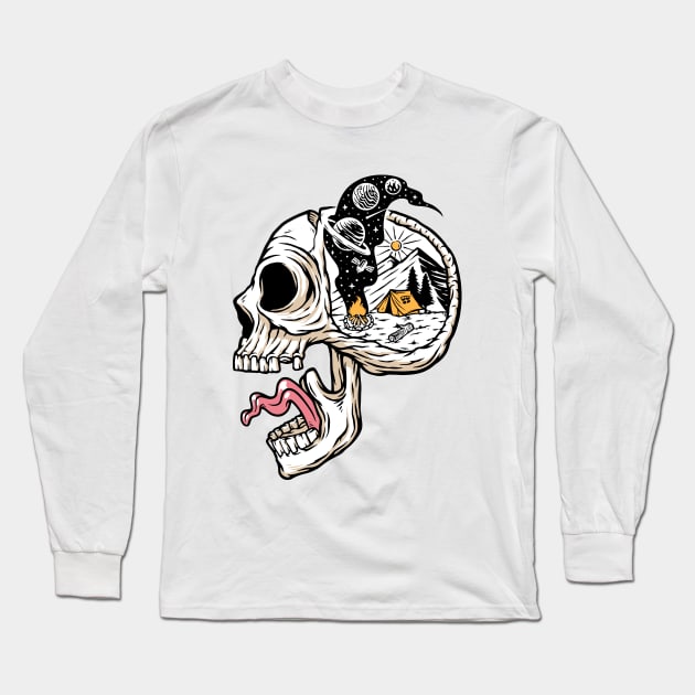 Skull With Camping Mind Long Sleeve T-Shirt by Mako Design 